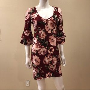 Burgundy Floral Dress Size Medium Layered Bell Cuffs V Neck Stretch Pink Roses